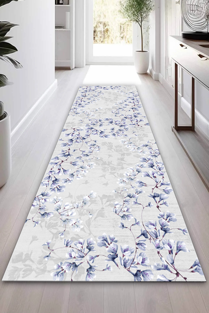 Zarif Mavi Baskılı Kaymaz Taban Mutfak Halısı