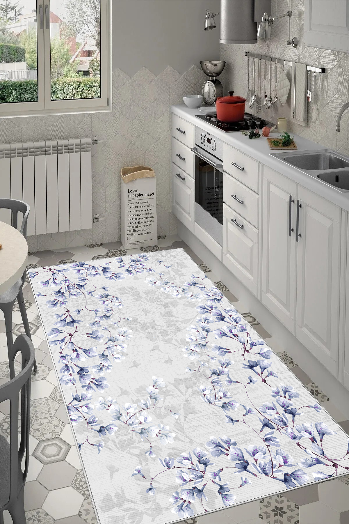 Zarif Mavi Baskılı Kaymaz Taban Mutfak Halısı