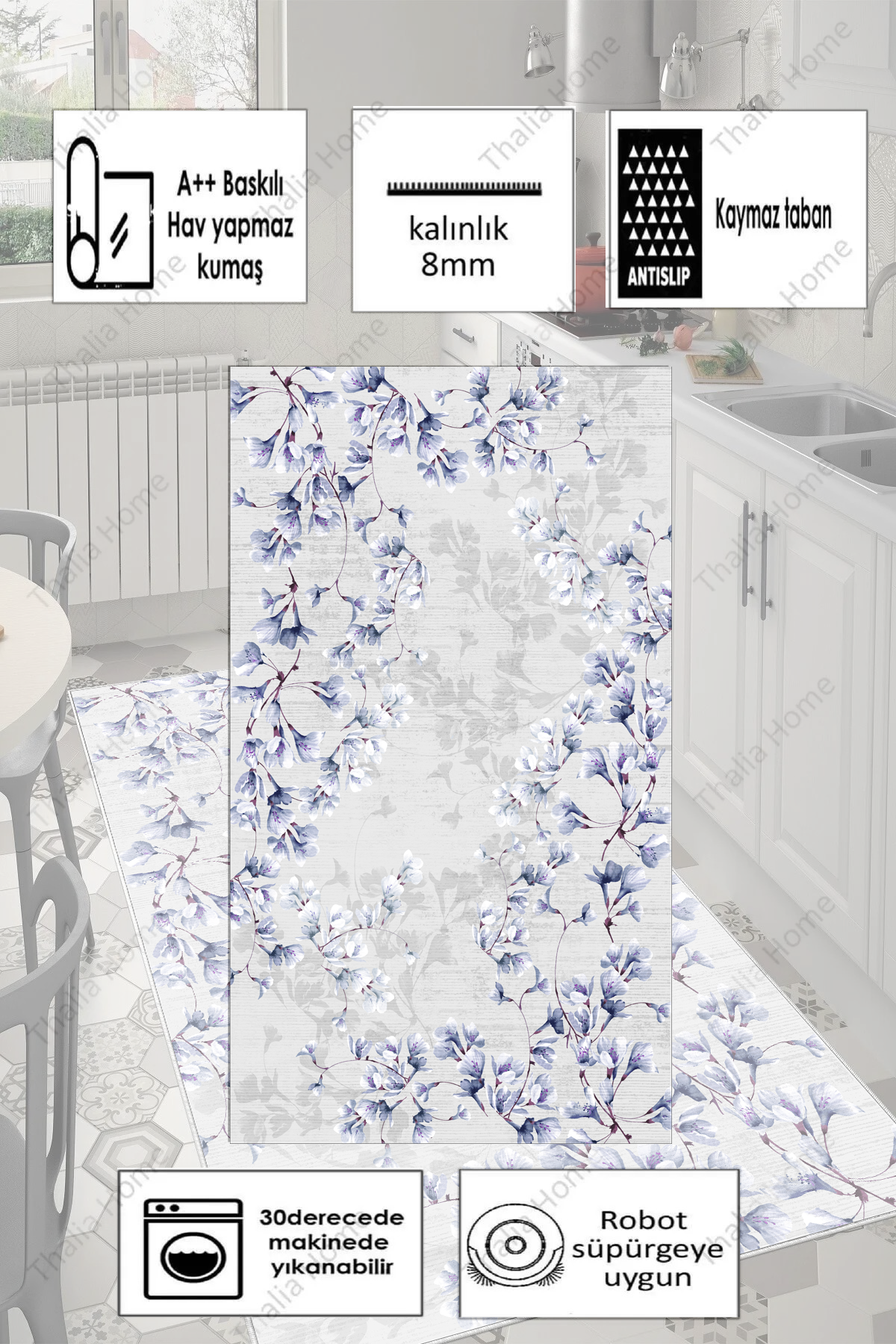 Zarif Mavi Baskılı Kaymaz Taban Mutfak Halısı